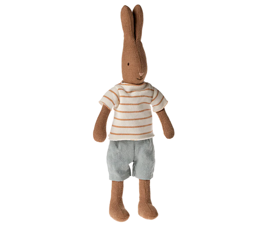 Maileg Rabbit, Size 1 - Chocolate brown - Striped blouse and shorts