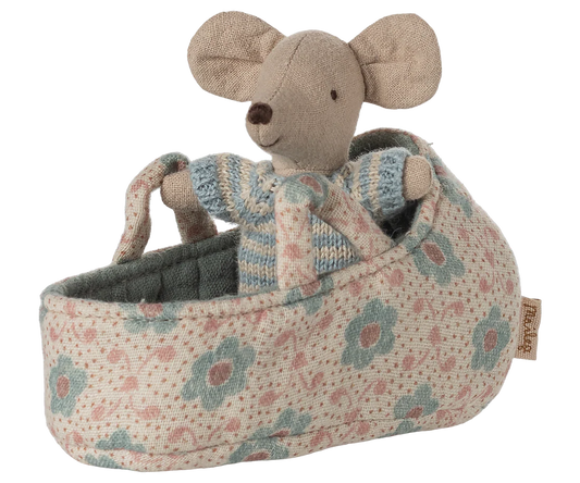 Maileg Baby mouse in carry cot - Blue