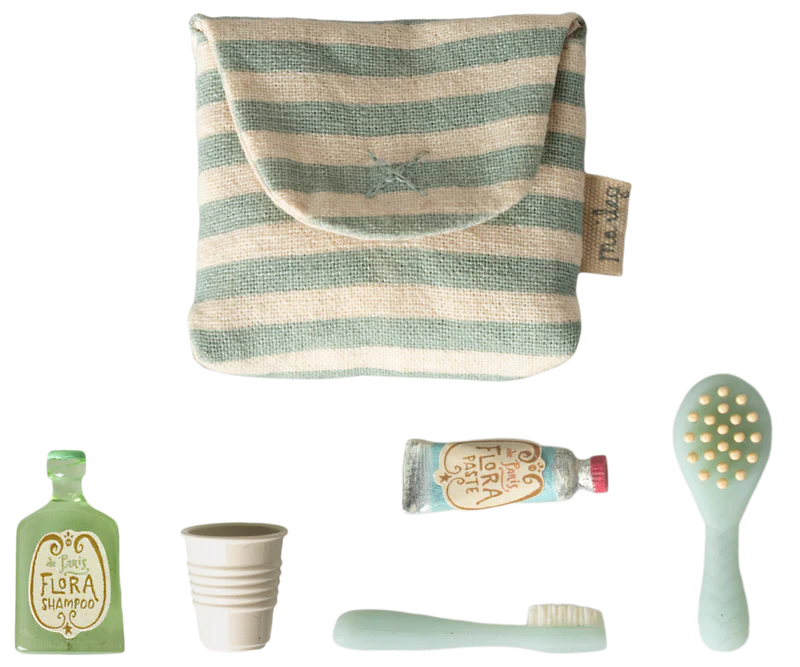 Maileg Tooth brush set in bag, Mouse - Blue stripe