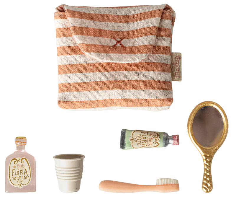 Maileg Tooth brush set in bag, Mouse - Coral stripe
