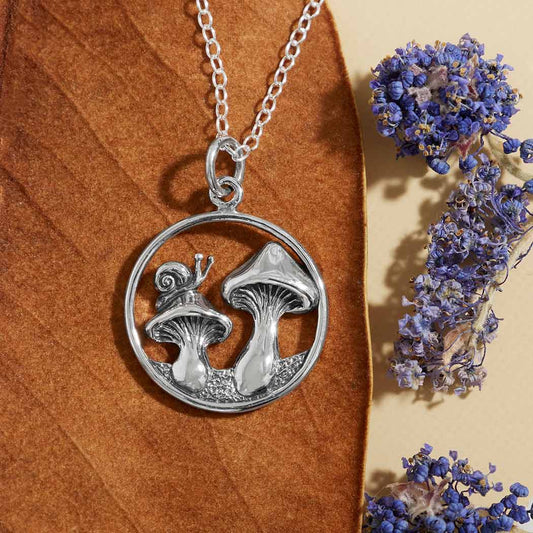 Sterling Silver Mushroom and Snail Necklace 18 Inch