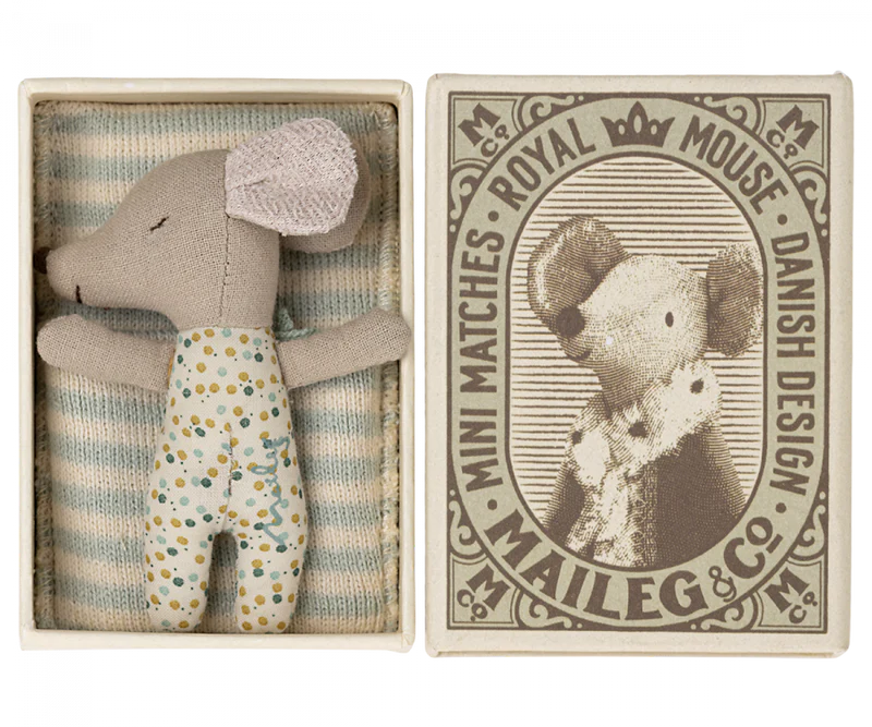 Maileg Sleepy/wakey baby mouse in matchbox - Blue