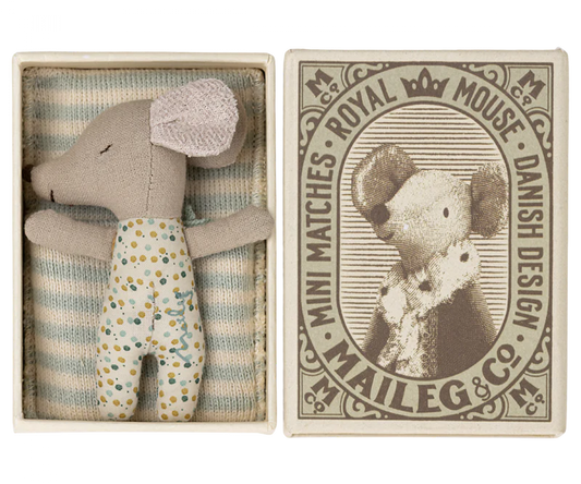 Maileg Sleepy/wakey baby mouse in matchbox - Blue