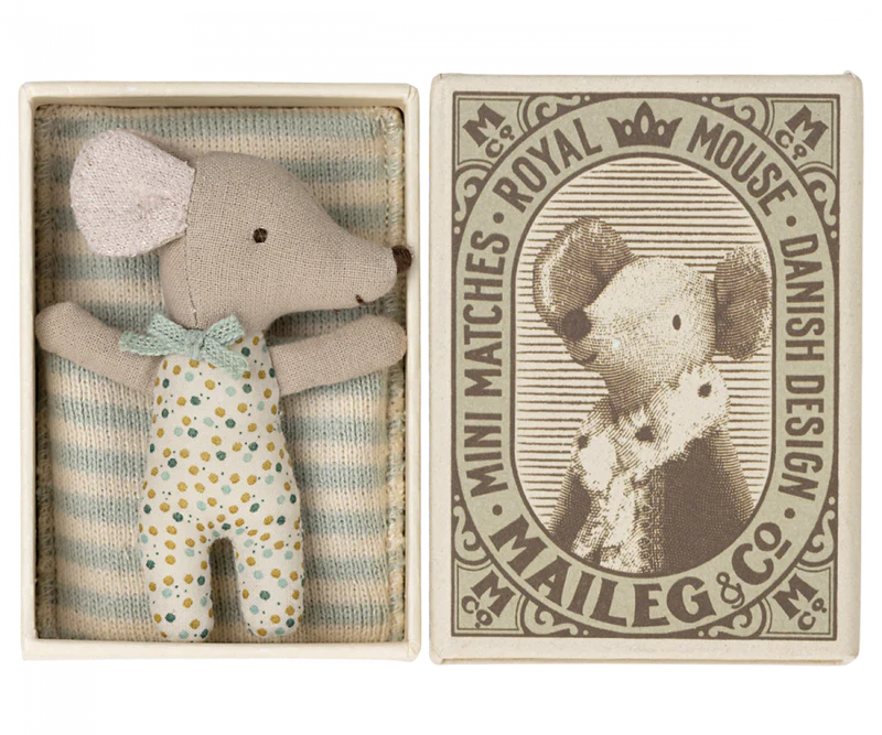 Maileg Sleepy/wakey baby mouse in matchbox - Blue