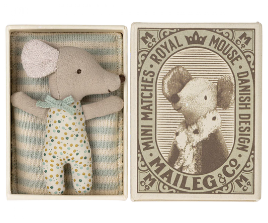 Maileg Sleepy/wakey baby mouse in matchbox - Blue