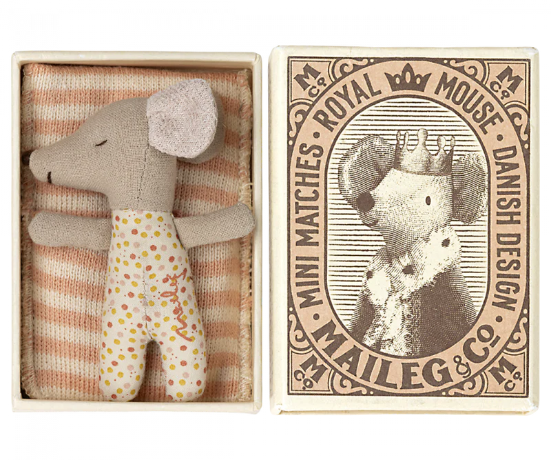 Maileg Sleepy/wakey baby mouse in matchbox - Rose