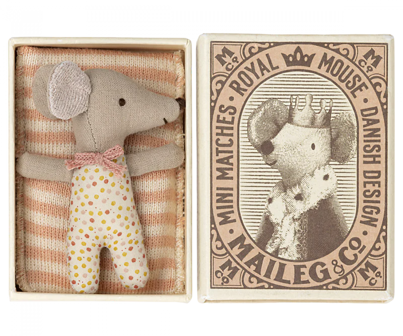 Maileg Sleepy/wakey baby mouse in matchbox - Rose