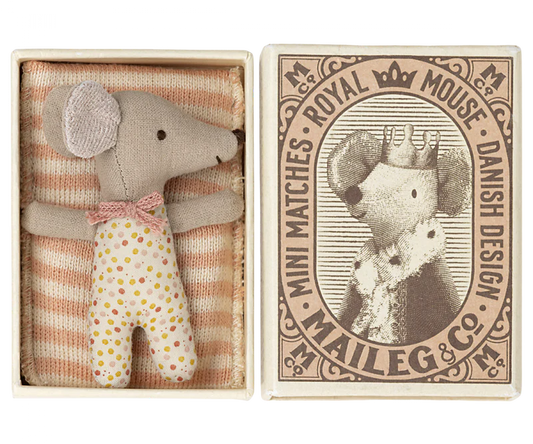 Maileg Sleepy/wakey baby mouse in matchbox - Rose