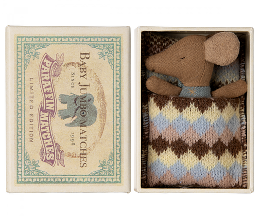 Maileg Sleepy wakey baby mouse in matchbox - Blue