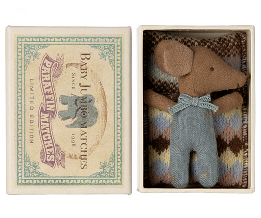 Maileg Sleepy wakey baby mouse in matchbox - Blue