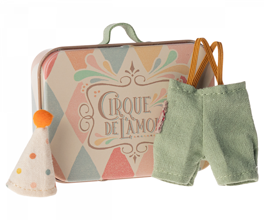 Maileg Clown clothes in suitcase, Little brother mouse