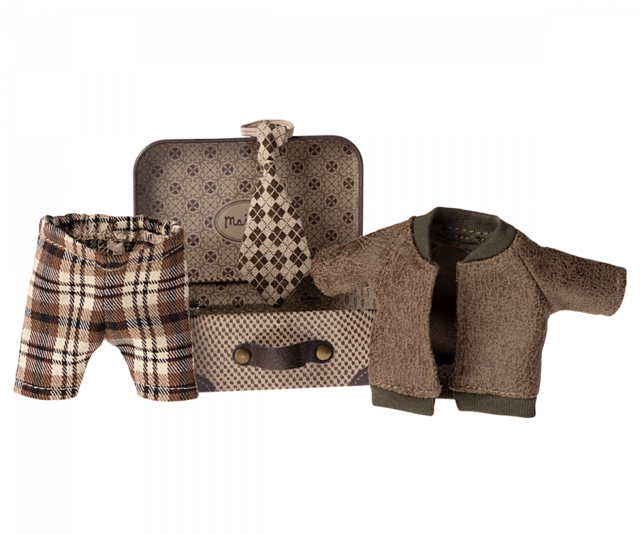 Maileg Jacket, pants and tie in suitcase, Grandpa mouse