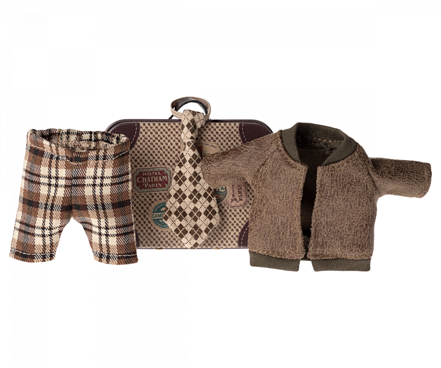 Maileg Jacket, pants and tie in suitcase, Grandpa mouse