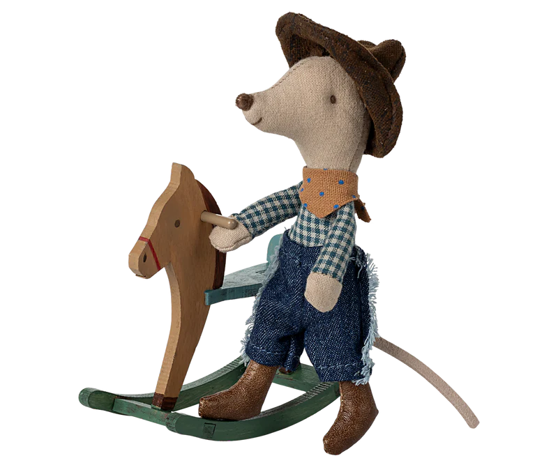 Maileg Cowboy mouse on rocking horse, Little brother
