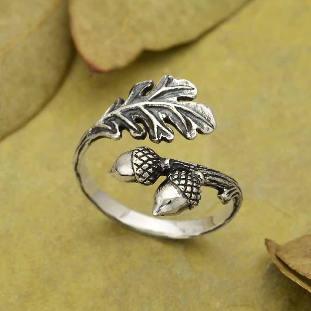 Women's Sterling Silver Adjustable Oak and Acorn Ring