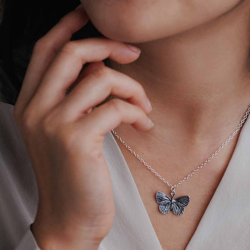 18 Inch Sterling Silver Dimensional Butterfly Necklace