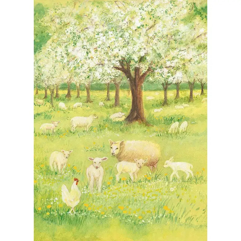 Lambs in the Orchard Postcard by Marjan van Zeyl