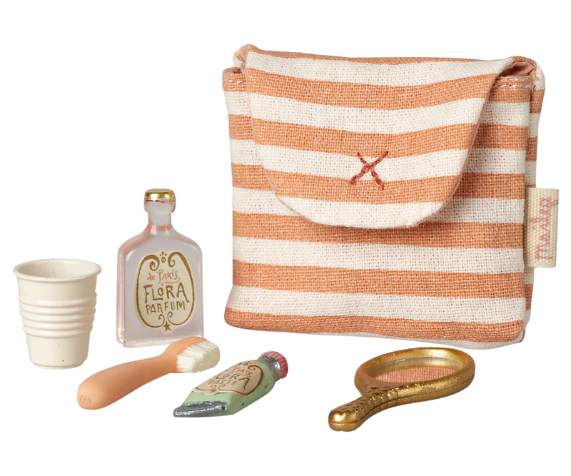 Maileg Tooth brush set in bag, Mouse - Coral stripe