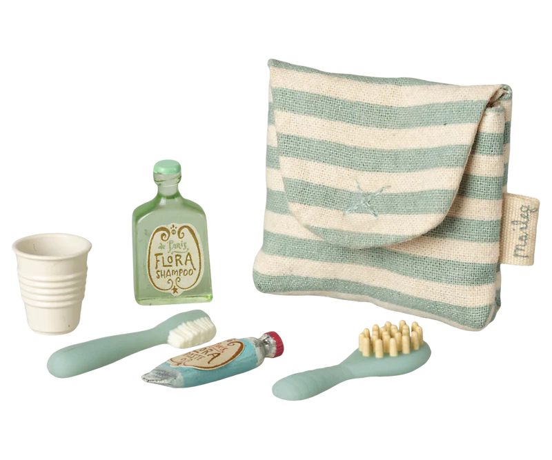 Maileg Tooth brush set in bag, Mouse - Blue stripe