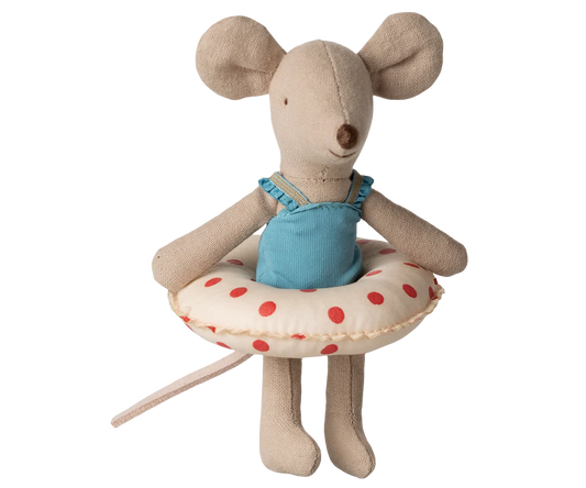 Maileg Little sister, Beach mouse with float - Red dots