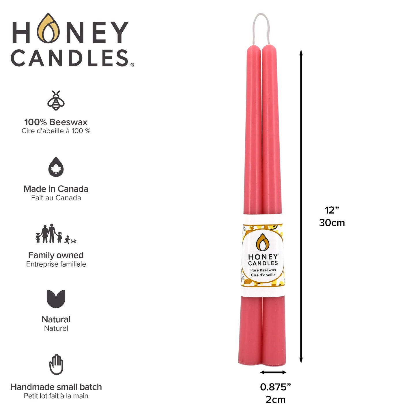 Pair of 12 Inch Paris Pink Beeswax Taper Candles