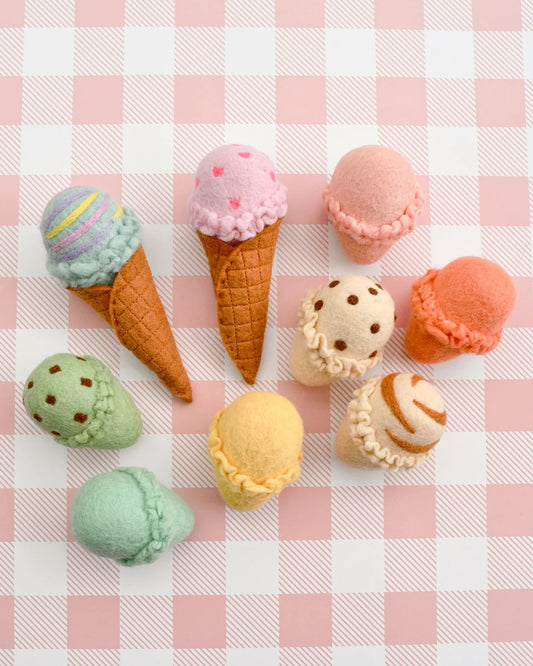 Felt Ice Cream Set - 2 Waffle Cones and 9 Ice Cream Scoops